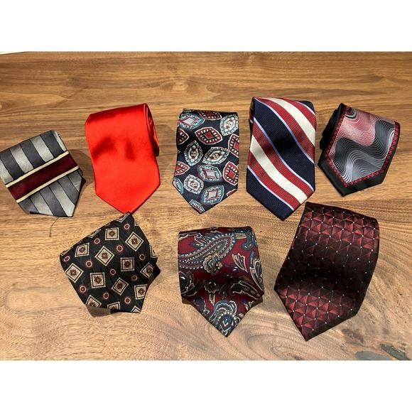 Tie Lot Assorted Red Blue Striped Solid Paisley Silk Polyester 8 Ties Preowned - Picture 6 of 8